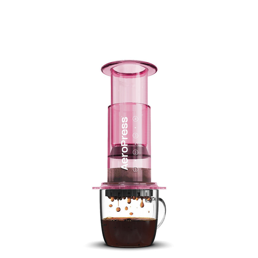 AeroPress Clear Coffee Maker in pink — portable 3-in-1 brewer from Hinba Coffee Roasters Scotland