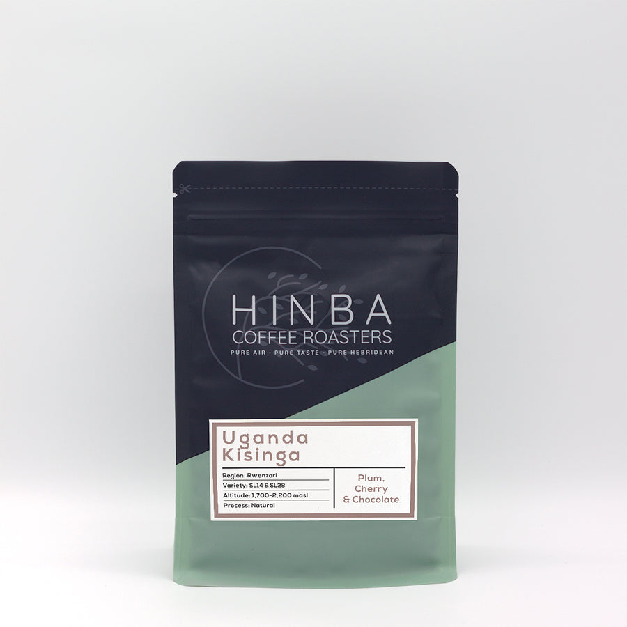 Uganda Kisinga single origin coffee bag — natural process, Rwenzori Mountains, tasting notes of plum, cherry and chocolate. Roasted in Scotland by Hinba Coffee Roasters.